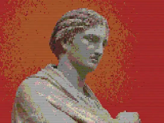 Cells flip through intermediate characters in staggered order, clattering toward their final values so the image assembles unevenly across the grid