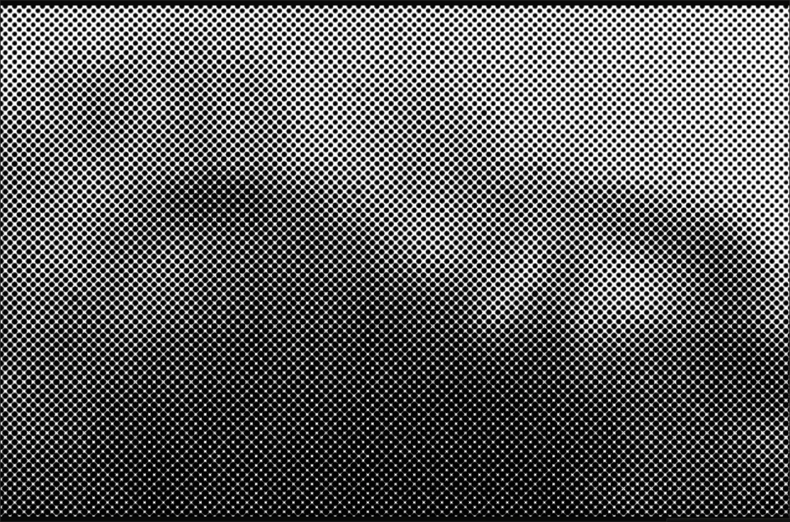 Halftone render of the ink-flower frame: grayscale dot screen, like newsprint.