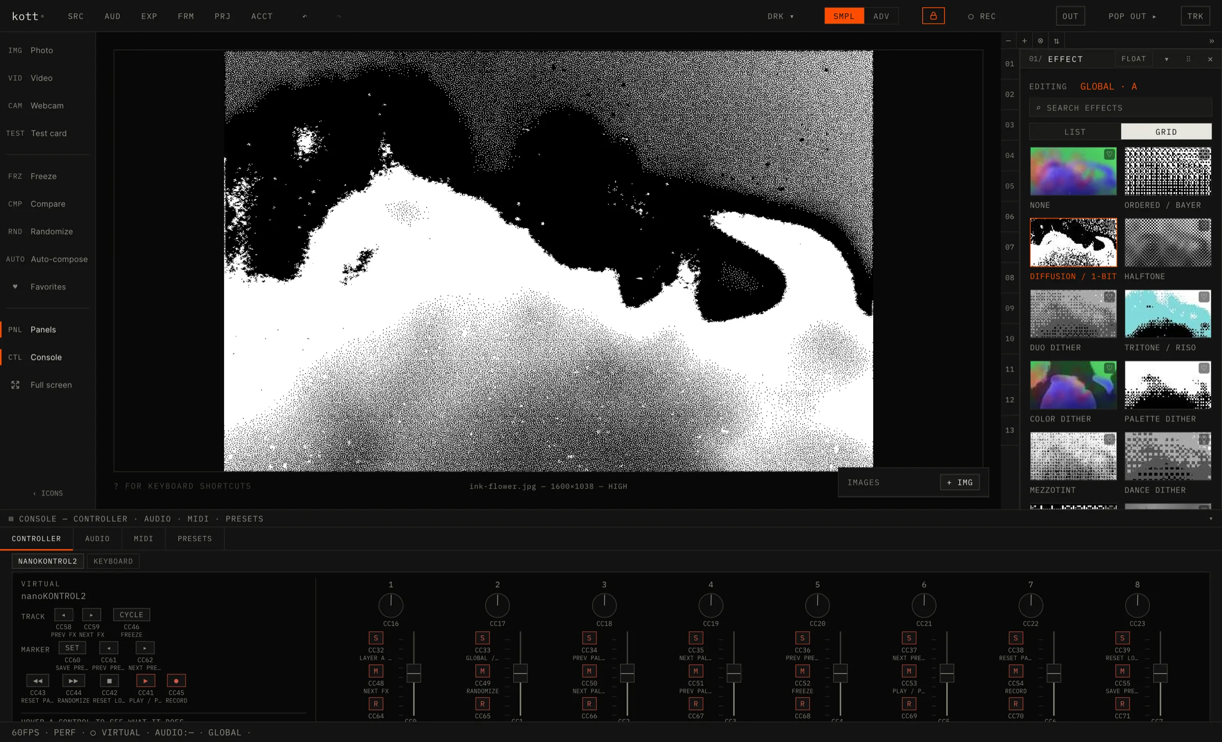 The kott studio cockpit: a full-frame 1-bit dither on the canvas, the effect grid on the right, and the virtual nanoKONTROL2 console below.